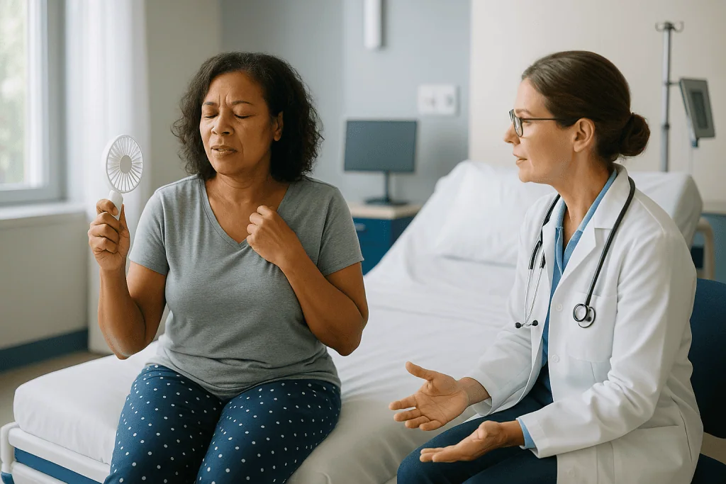 Doctor consulting with middle-aged woman about symptoms: What changed recently