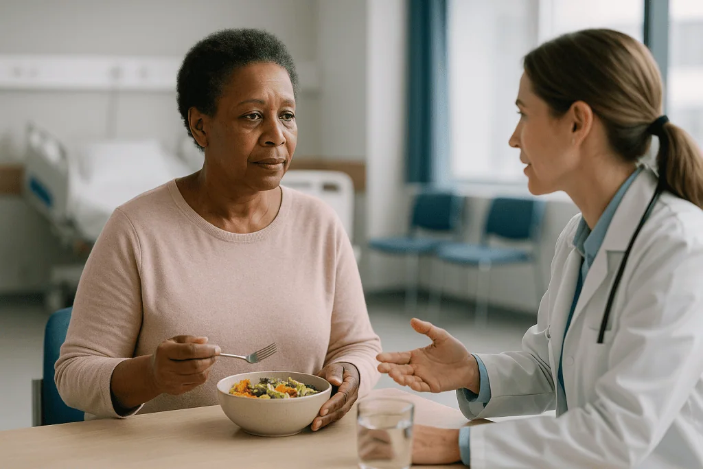 Doctor consulting patient about diet with salad bowl: What changed recently