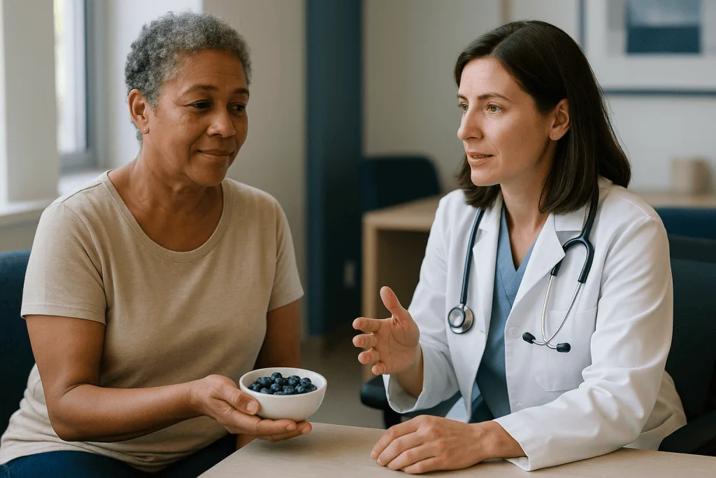 Doctor consulting patient holding bowl of blueberries: What changed recently