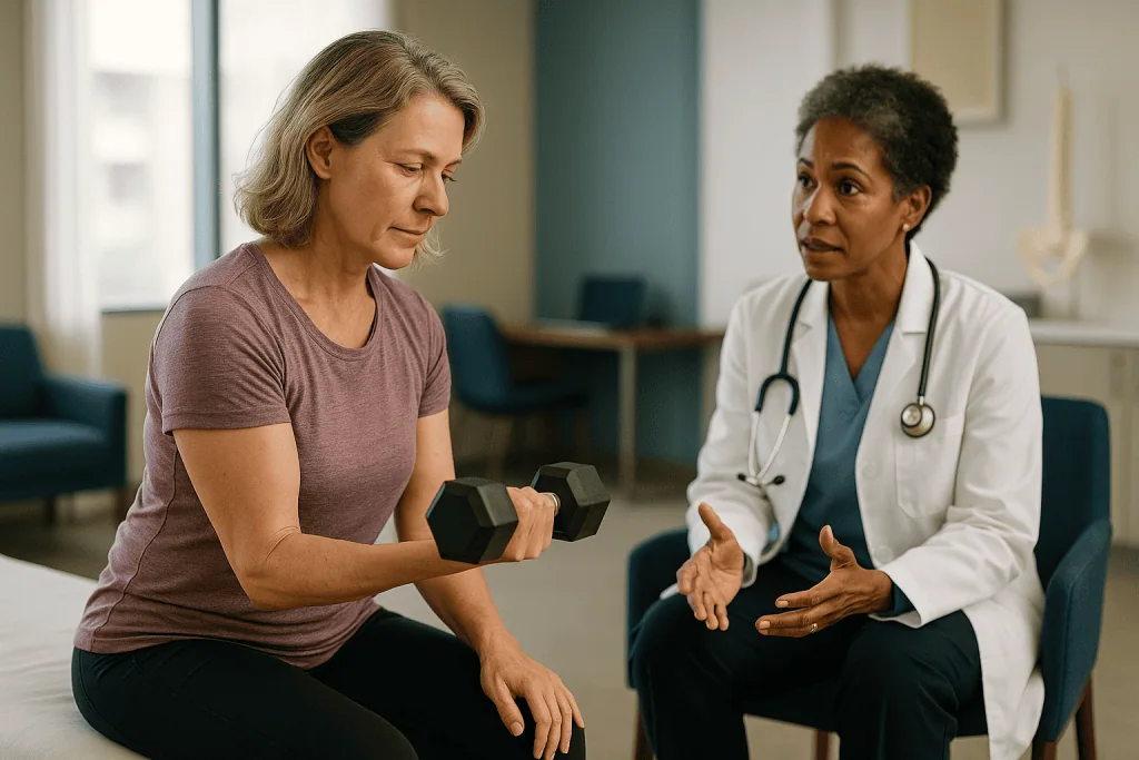 Doctor consulting patient holding dumbbells indoors: What changed recently