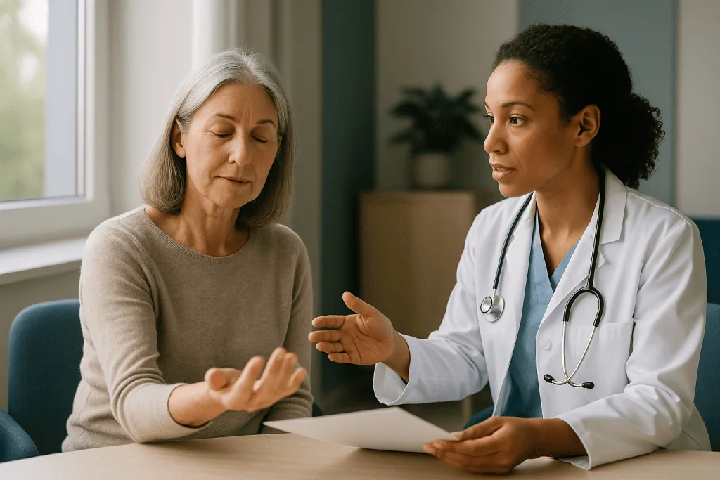 Doctor consulting with older female patient at desk: What changed recently
