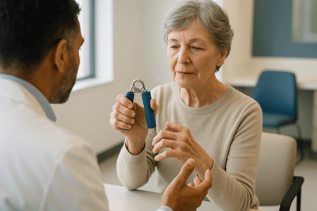 Senior woman demonstrating hand grip strength with physician: What changed recently