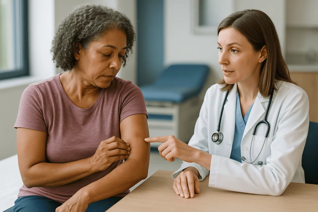Doctor examining patient's arm for skin reaction or bite: What changed recently
