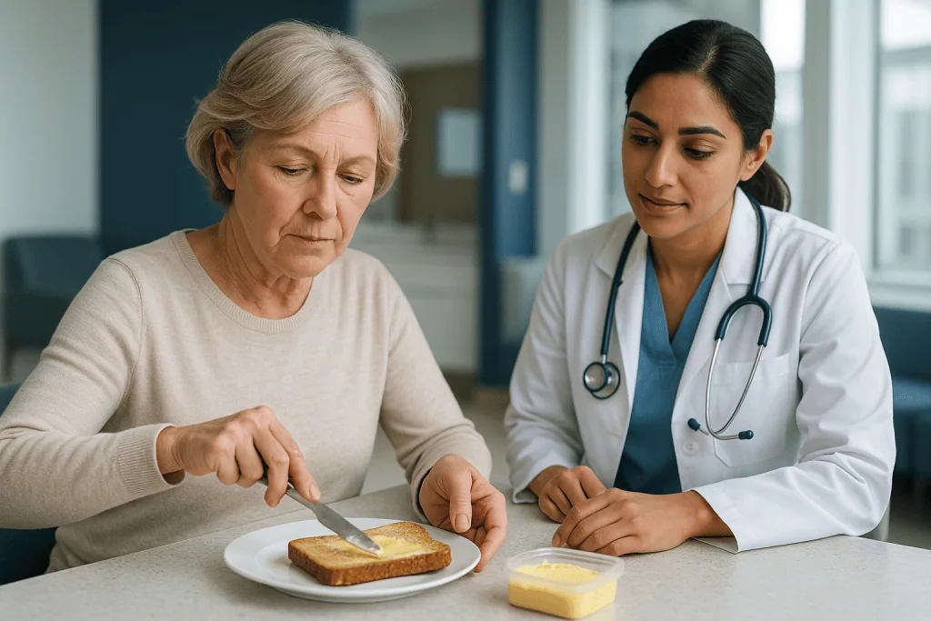 Elderly patient and doctor discussing nutrition with toast and butter: What changed recently