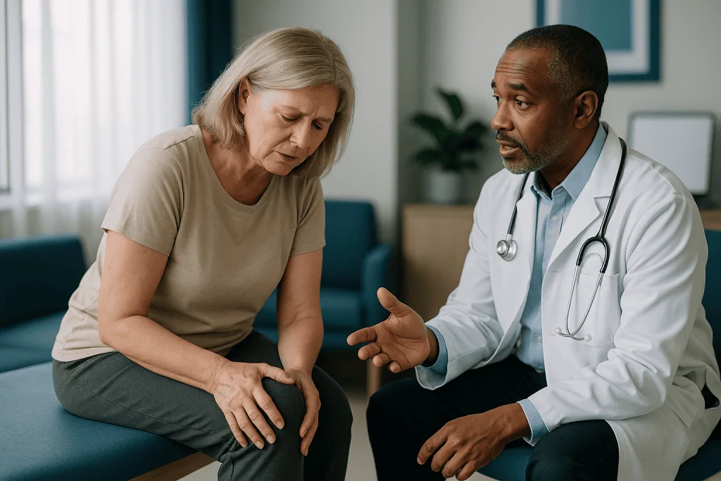 Doctor consulting with middle-aged woman about knee pain: What changed recently