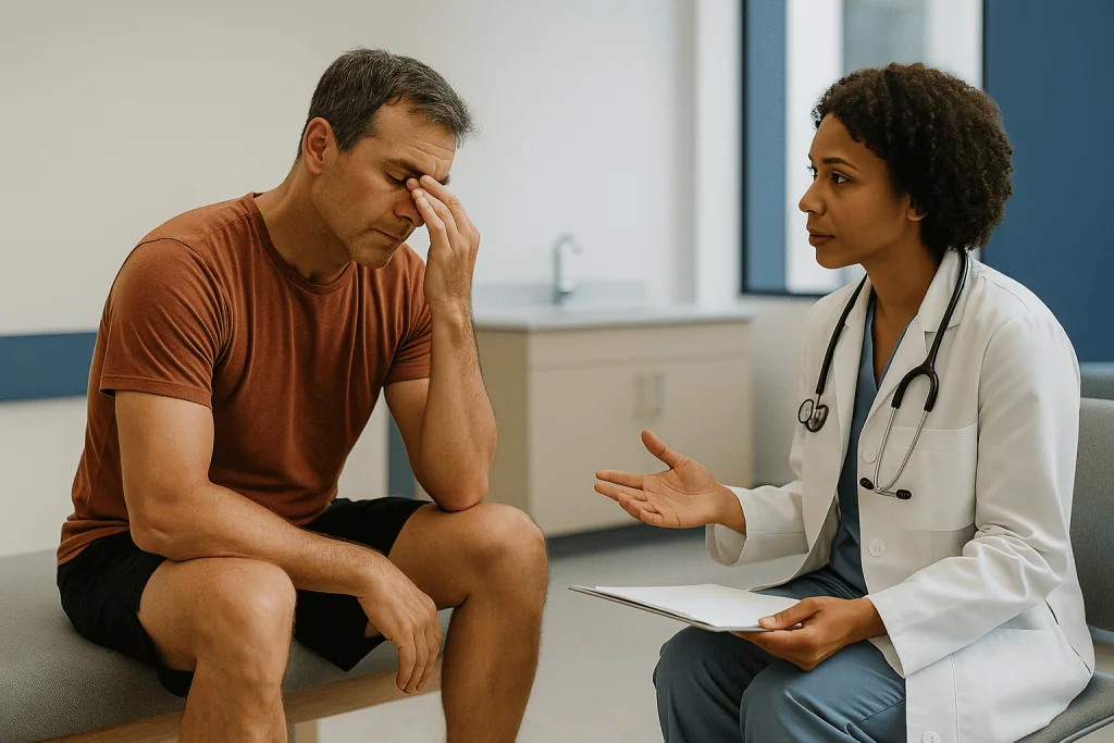Doctor consulting with male patient about health concern: What changed recently
