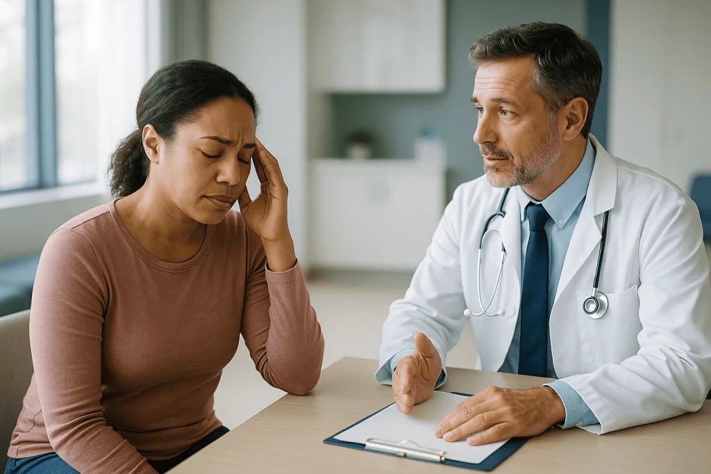 Doctor consultation with patient experiencing headache or distress: What changed recently