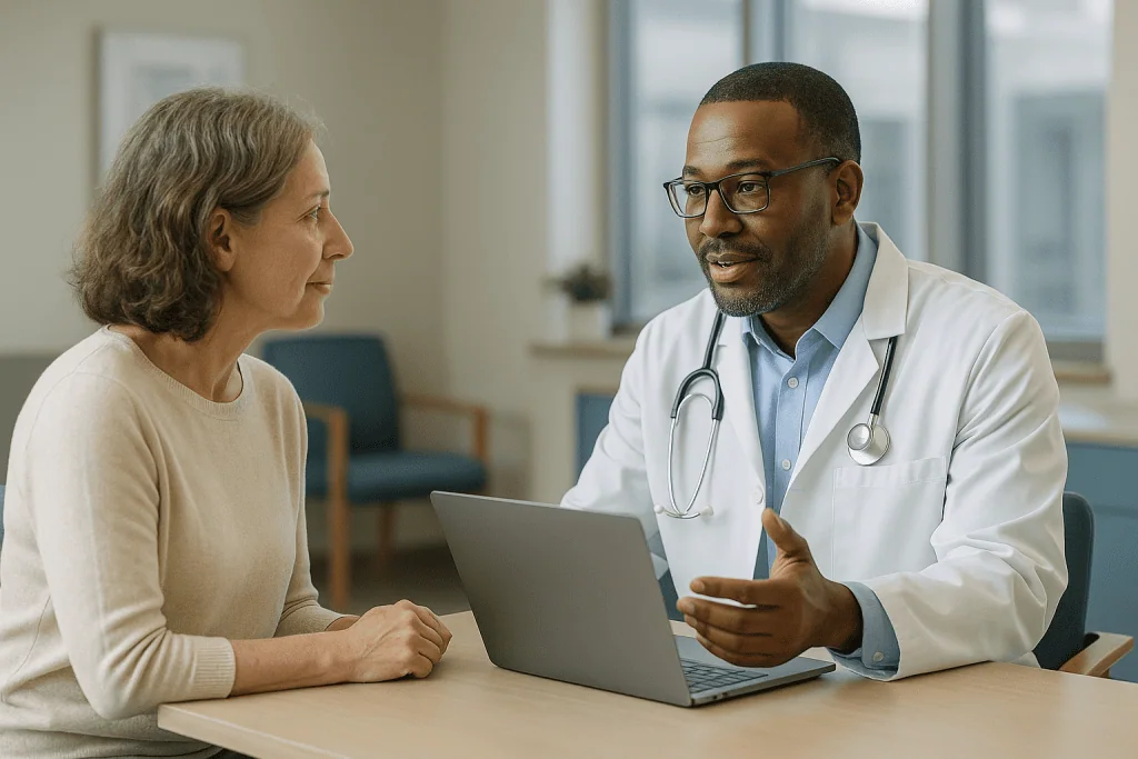 Doctor consulting patient using laptop in medical office: What changed recently