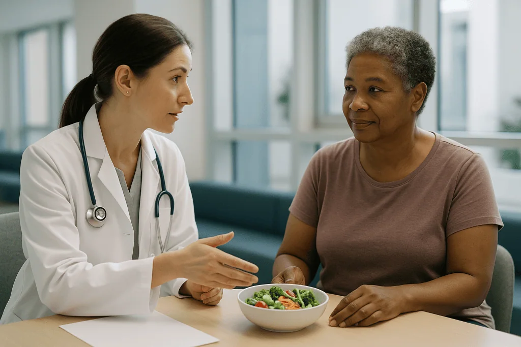 Doctor consulting patient about healthy vegetable bowl: What changed recently