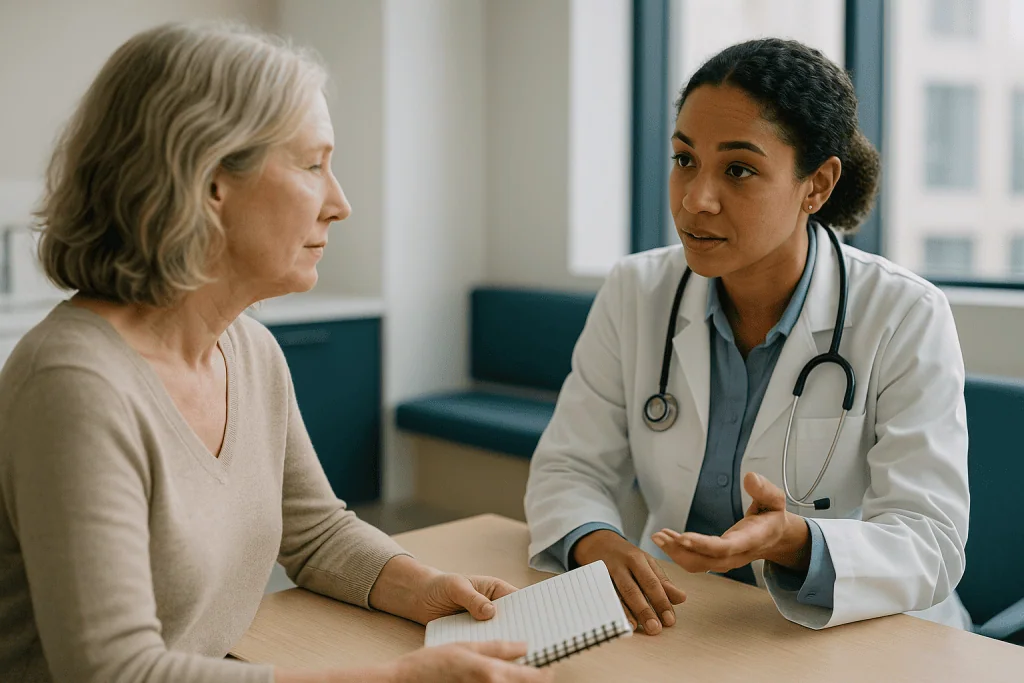 Doctor consulting with middle-aged woman patient: What changed recently