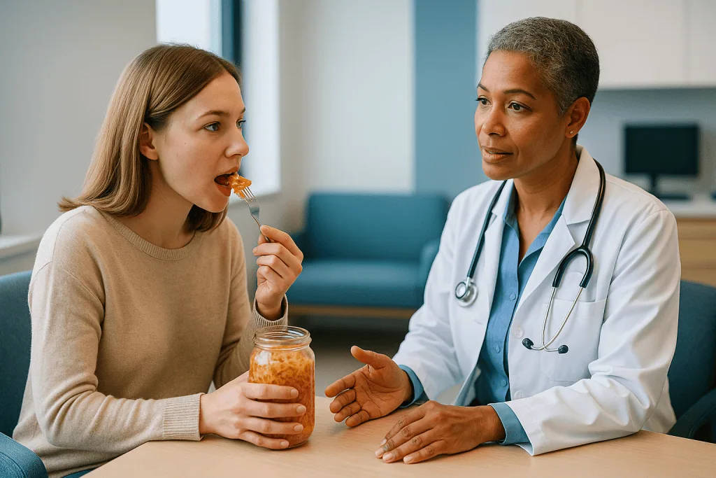 Doctor and patient in consultation with fermented food jar: What changed recently: a feeding trial, a large cohort and a vir