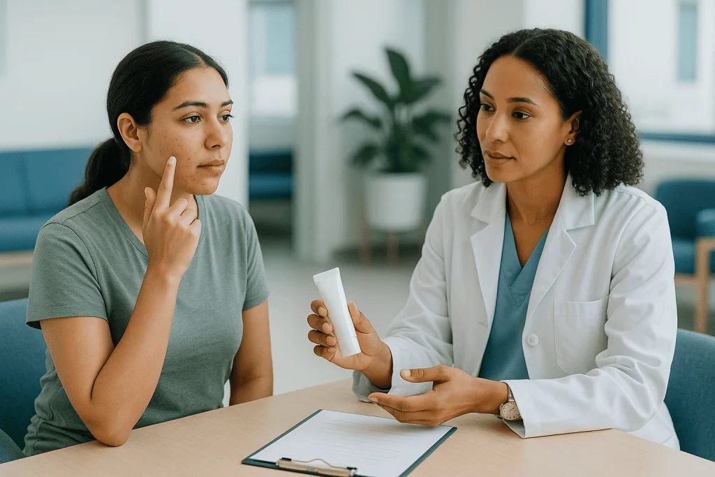 Dermatologist consulting patient about skin product: What changed recently in acne treatment guidance
