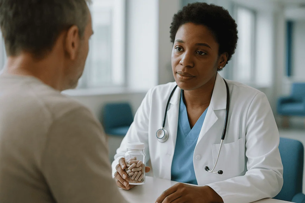 Doctor consulting patient, holding supplement bottle: What changed recently in Akkermansia research