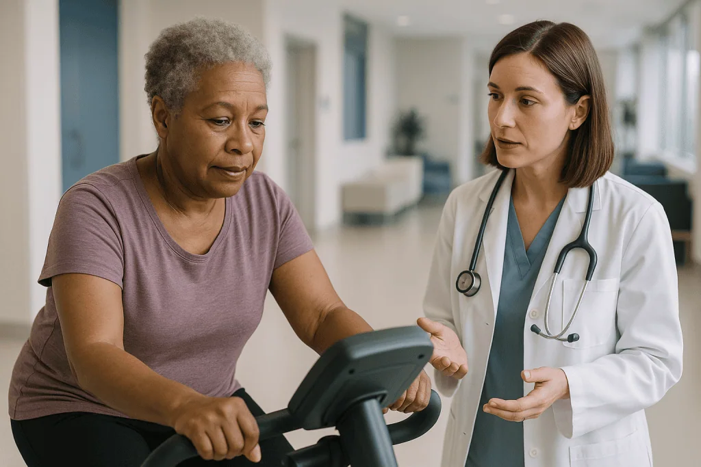 Doctor consulting patient on stationary exercise bike: What changed recently in cardio guidance