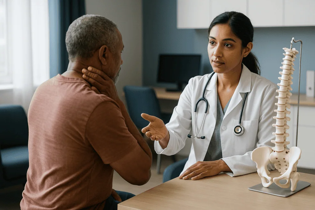 Doctor consulting patient about spinal anatomy model: What changed recently in chiropractic guidance