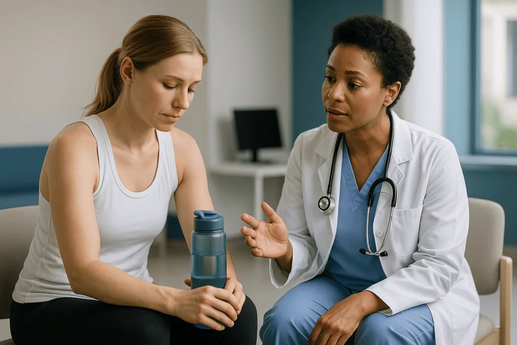 Doctor consultation with patient holding water bottle: What changed recently in DOMS research