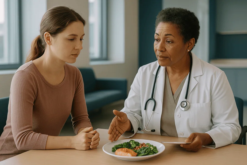Doctor consulting patient about healthy diet with salmon plate: What changed recently in endometriosis care and research