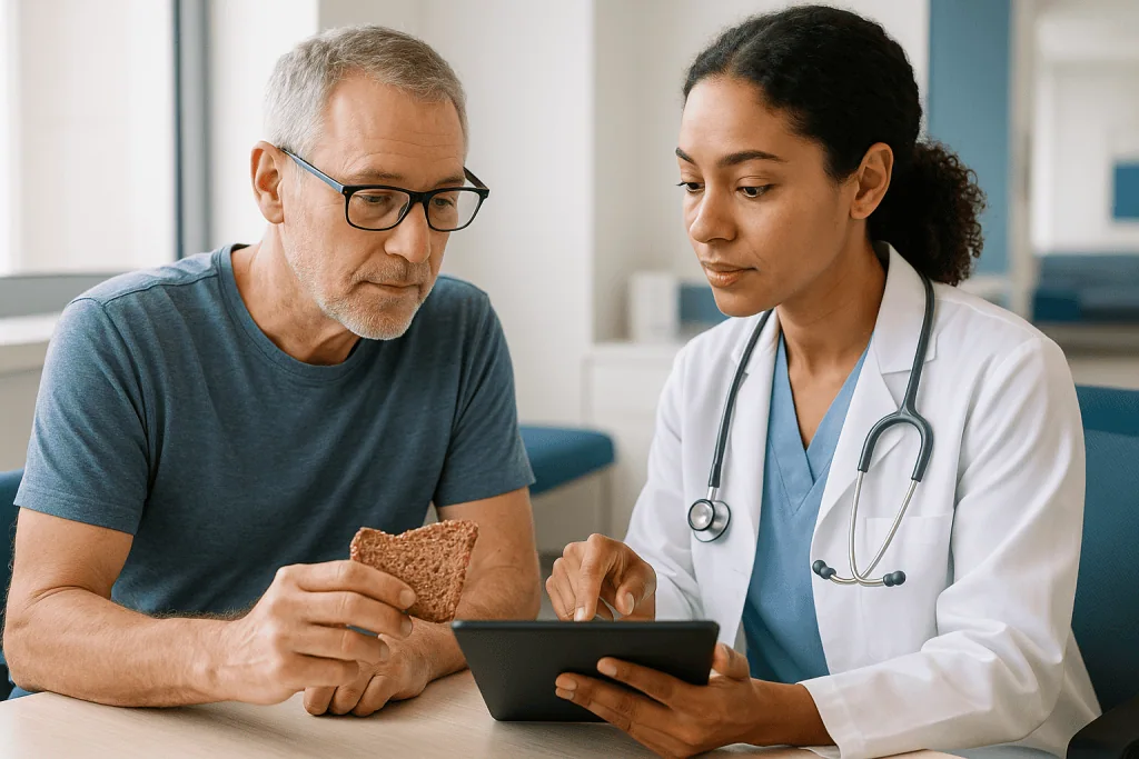 Doctor consulting patient about whole grain bread nutrition: What changed recently in gut brain axis research