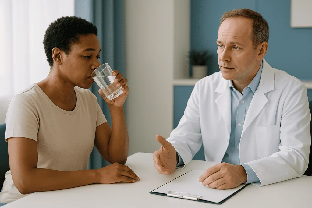 Doctor consultation with patient drinking water: What changed recently in how chronic hives are treated
