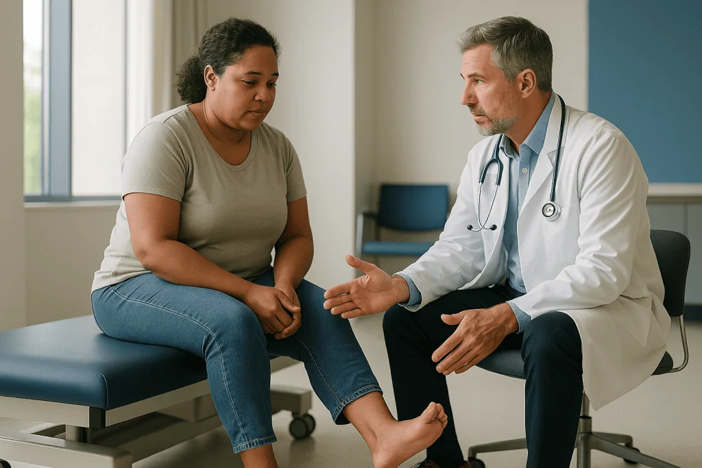Doctor consulting with adult patient in medical office: What changed recently in how doctors think about flat feet