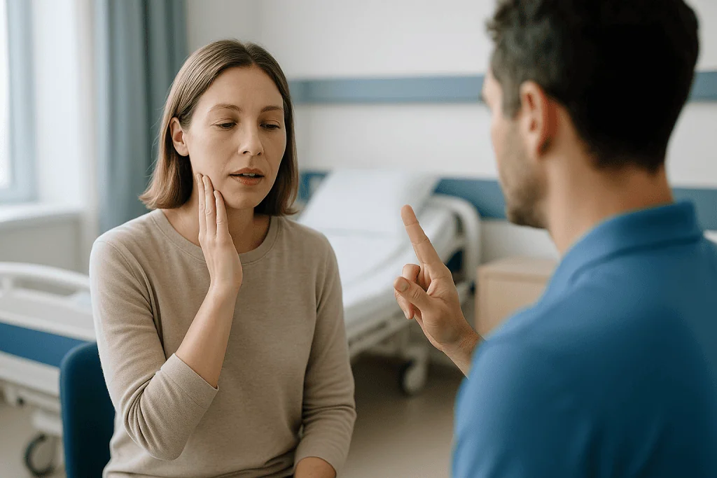 Woman in conversation with man in hospital room: What changed recently in how jaw pain is treated
