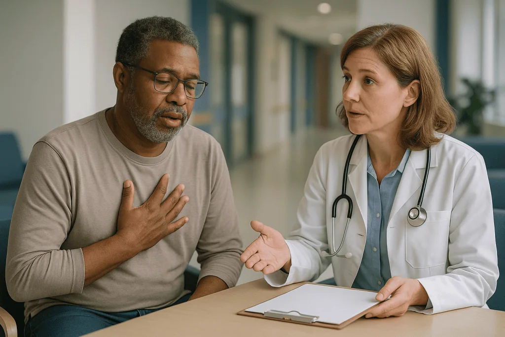 Doctor consulting with male patient in clinical setting: What changed recently in how long COVID is defined and studied