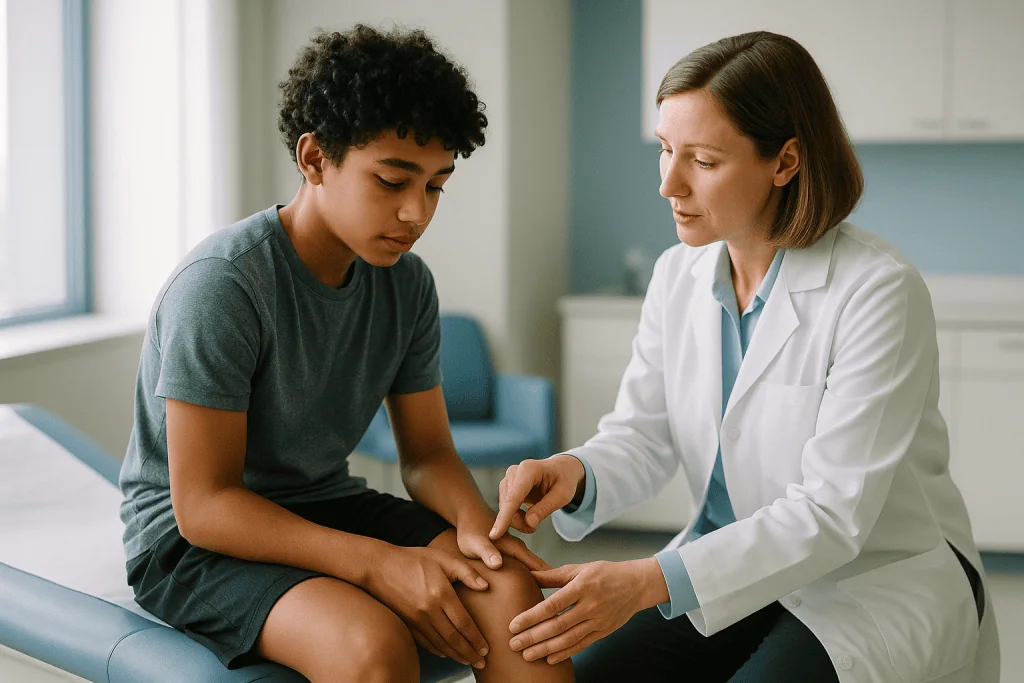 Doctor examining adolescent boy's knee during consultation: What changed recently in how Osgood-Schlatter is managed