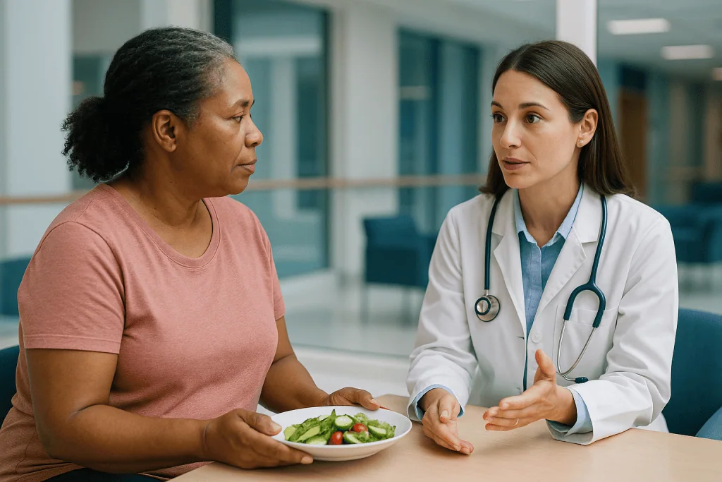 Doctor consulting patient with salad plate at table: What changed recently in leptin research and the public conversation