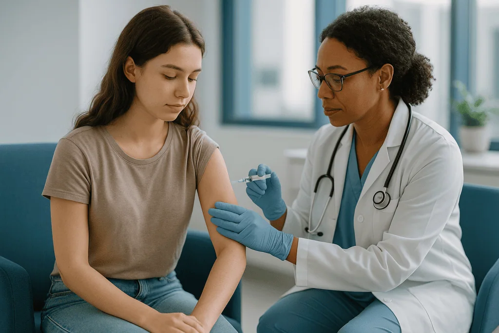 Doctor administering vaccine injection to young adult patient: What changed recently in meningitis vaccination (as of Septem