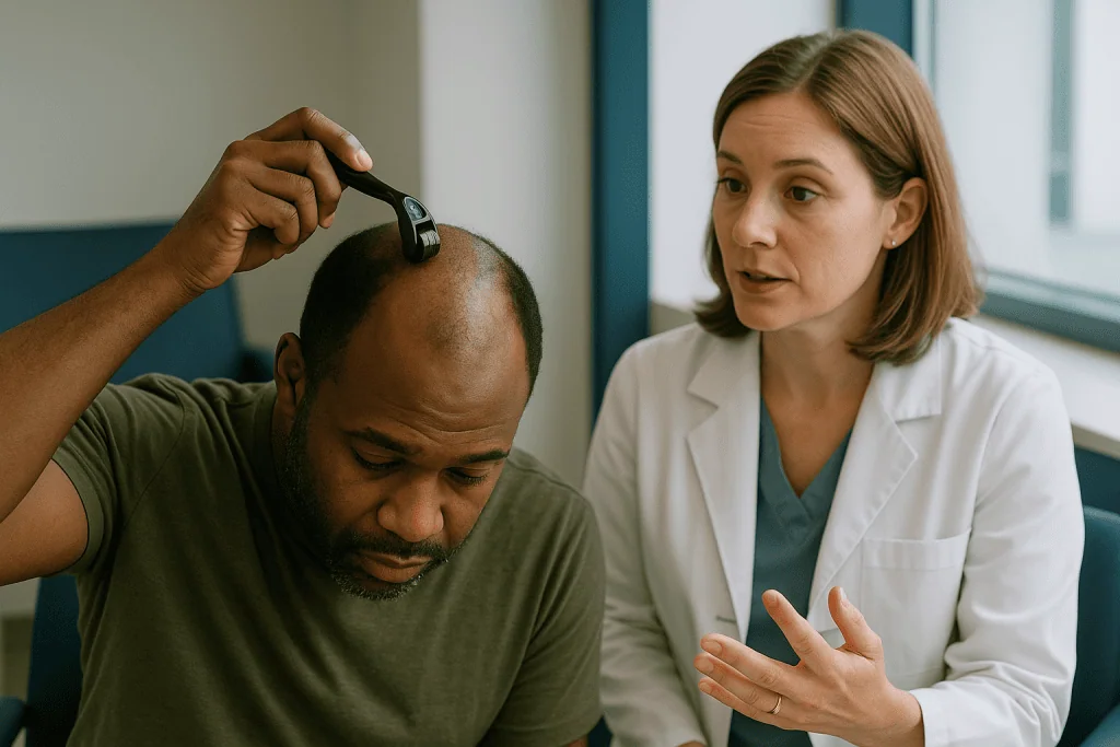 Dermatologist examining patient's scalp with dermoscope: What changed recently in microneedling hair research