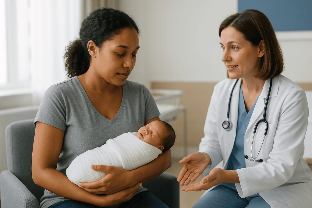 Doctor consulting new mother holding swaddled newborn: What changed recently in safe sleep guidance
