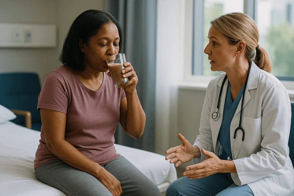 Doctor consulting patient in clinical setting, patient drinking water: What changed recently in surgical preparation guidanc