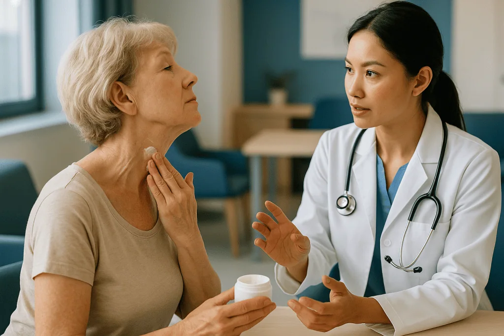 Doctor consulting elderly patient about neck skin condition: What changed recently in the crepey skin conversation