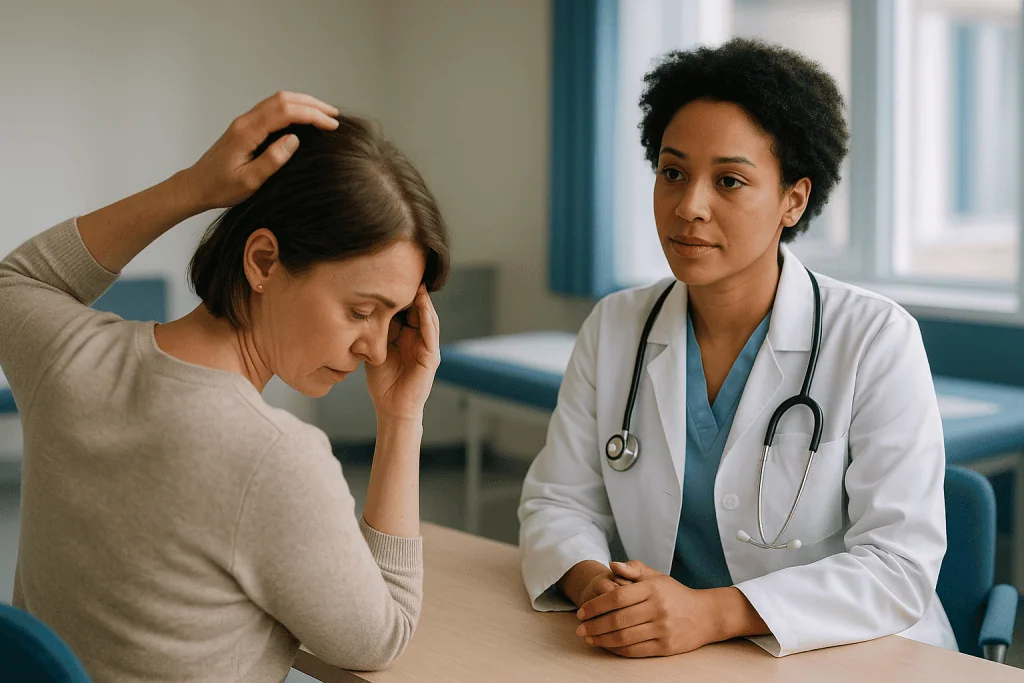Female doctor consulting with patient about hair loss concerns: What changed recently in the hair loss in women conversation