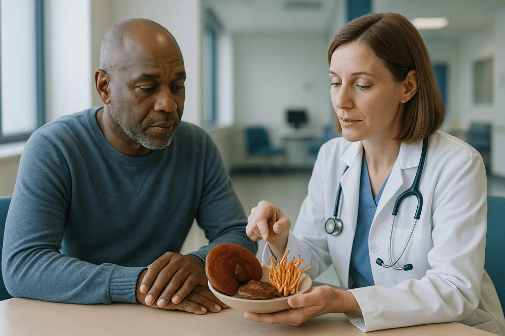 Doctor discussing fast food with patient: What changed recently in the reishi and cordyceps evidence?