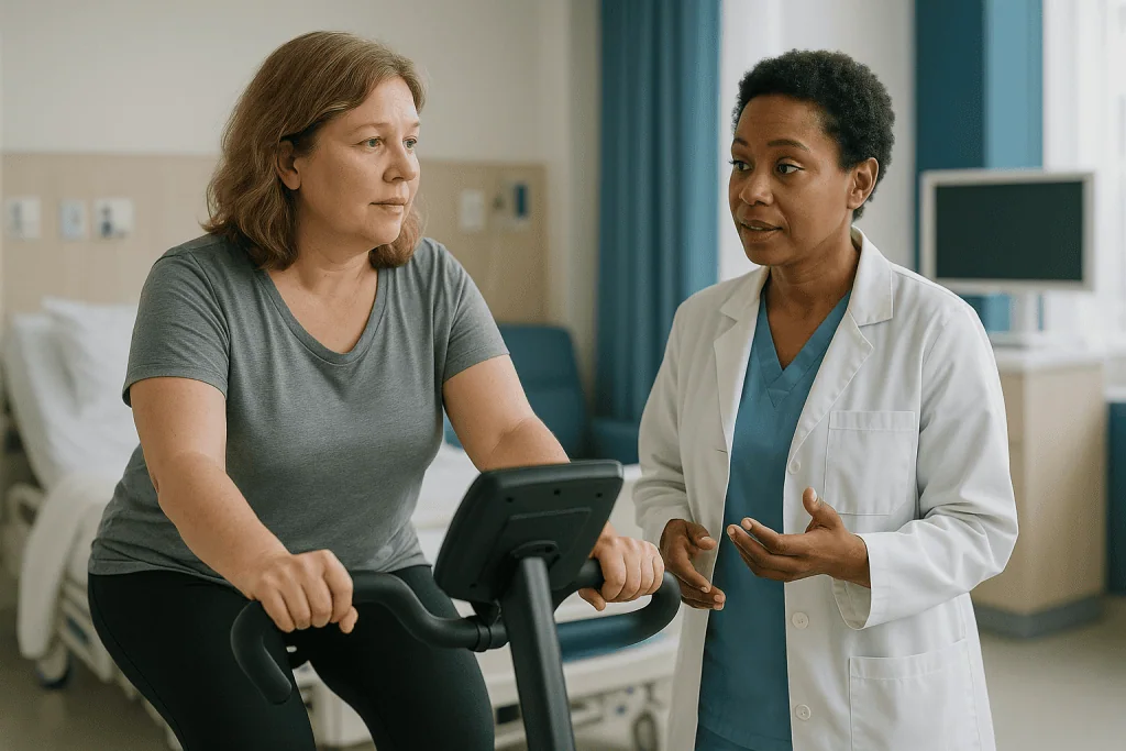 Doctor consulting patient on stationary exercise bike: What changed recently in the science of metabolism