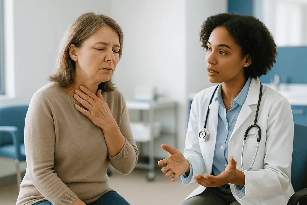 Doctor consulting patient about throat symptoms in clinic: What changed recently in the silent reflux conversation