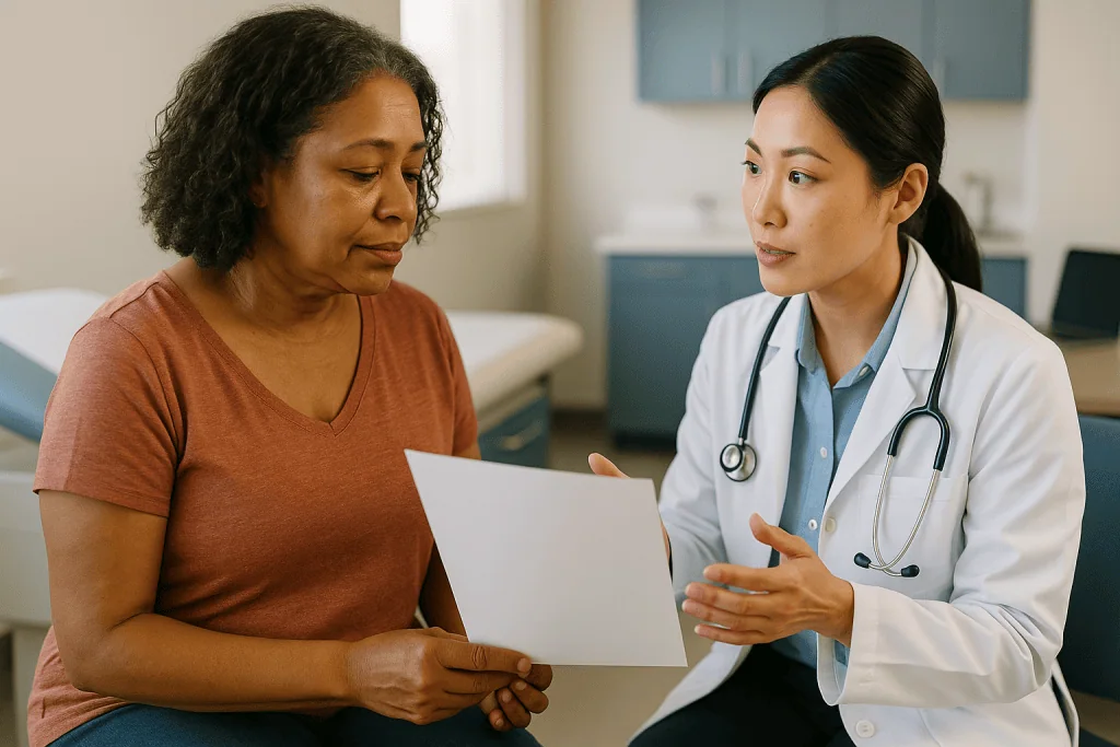 Female doctor consulting patient with medical document: What changed recently in well-woman screening