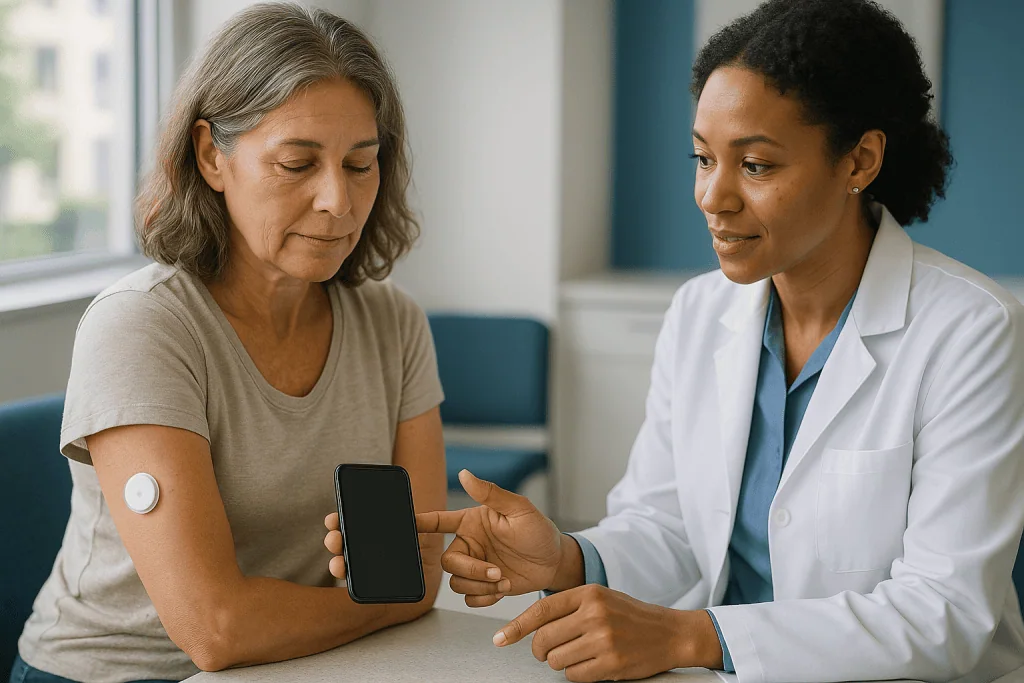 Doctor consulting patient with smartphone about medical data: What changed recently: sensors without a prescription