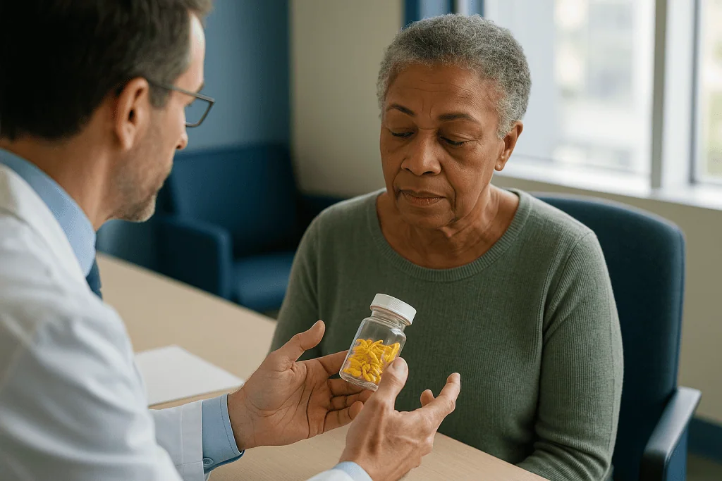 Doctor consulting patient about medication in clinic: What changed recently: the AREDS2 ten-year follow-up