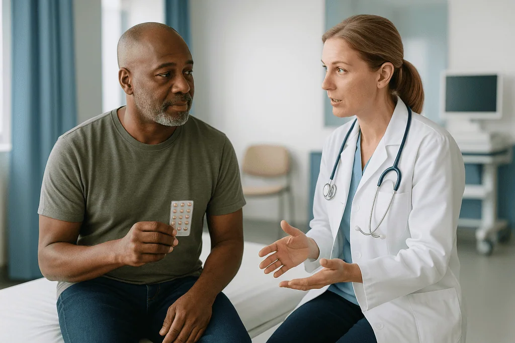 Doctor consulting male patient holding medication blister pack: What changed recently: the trial and the label that moved th