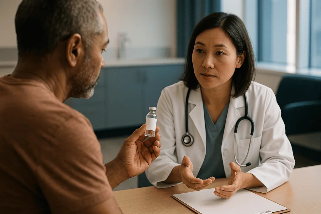 Doctor consulting patient about medication in office: What changed recently: the trial and the label that reignited the deba