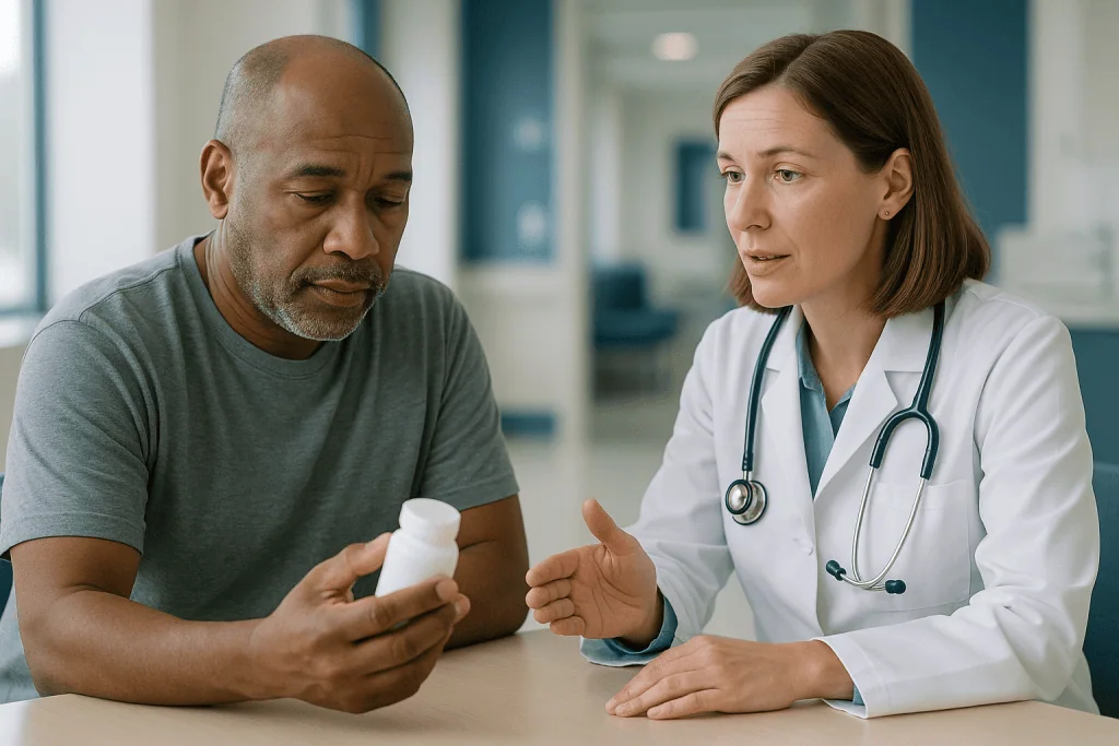 Doctor consulting with male patient about medication: What changed recently: the trial and the label that revived the questi