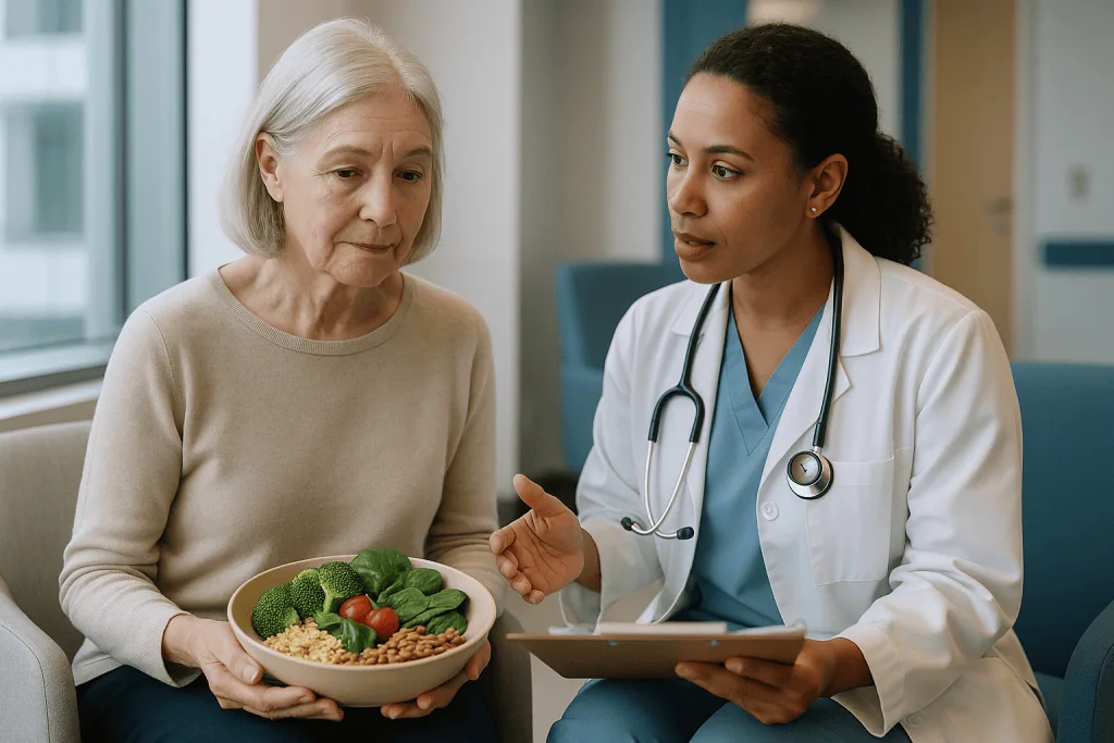 Doctor consulting elderly patient about healthy nutritious meal bowl: What changed recently: the trial, the cohorts and the