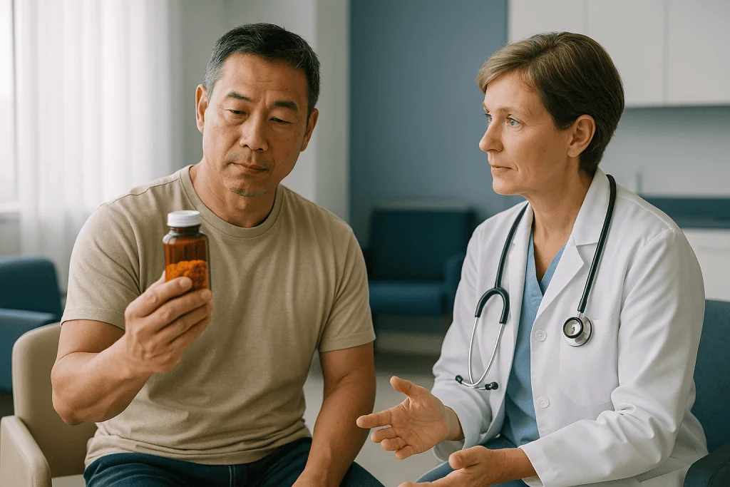 Doctor consulting with male patient holding medicine bottle: What changed recently: the trials behind the trend