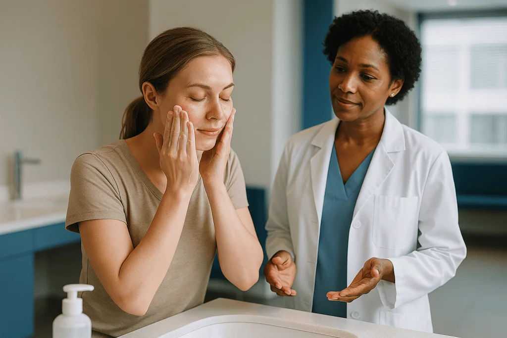 Patient consulting dermatologist about facial skin condition: What changed recently to make double cleansing trend again