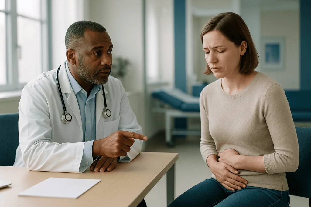 Doctor consulting patient about gastrointestinal symptoms in clinic: What changed recently to make mucus in stool a trending