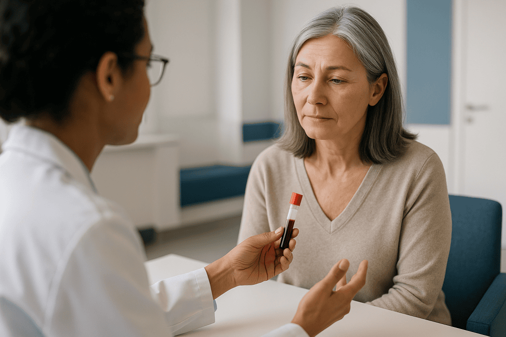 Doctor discussing blood test results with middle-aged female patient: What changed recently to make perimenopause testing a 