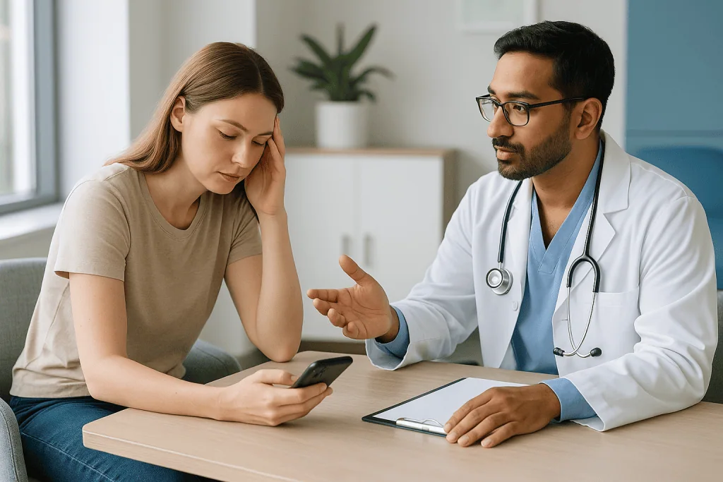 Doctor consulting patient with smartphone in clinical office: What changed recently to put doomscrolling back in the headlin