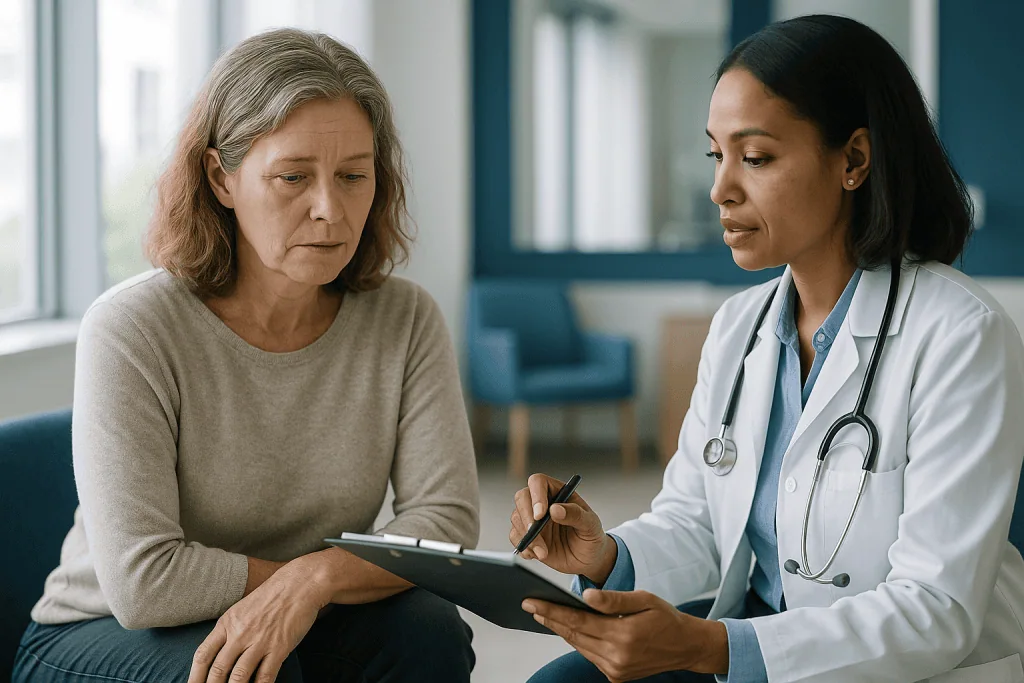Female doctor consulting mature woman patient with tablet: What changed recently to put early menopause back in the news